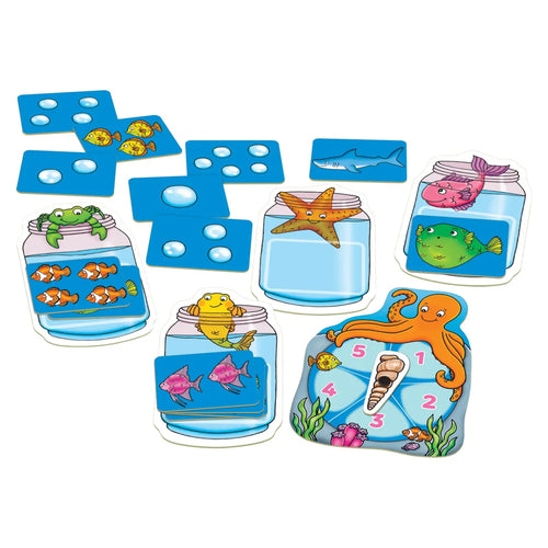 Set of educational marine-themed game pieces on a white background