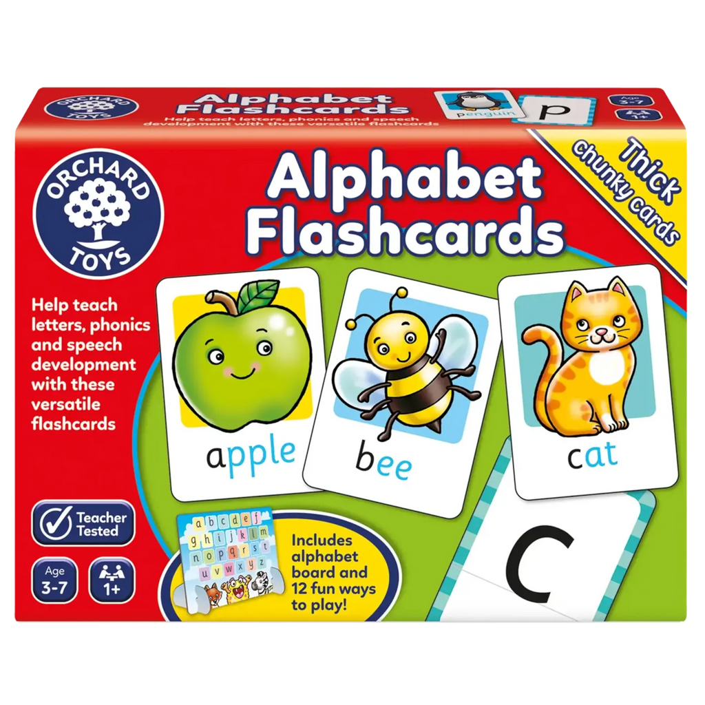 Box of Orchard Toys Alphabet Flashcards with colorful illustrations and text.
