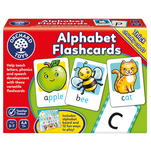 Box of Orchard Toys Alphabet Flashcards with colorful illustrations and text.