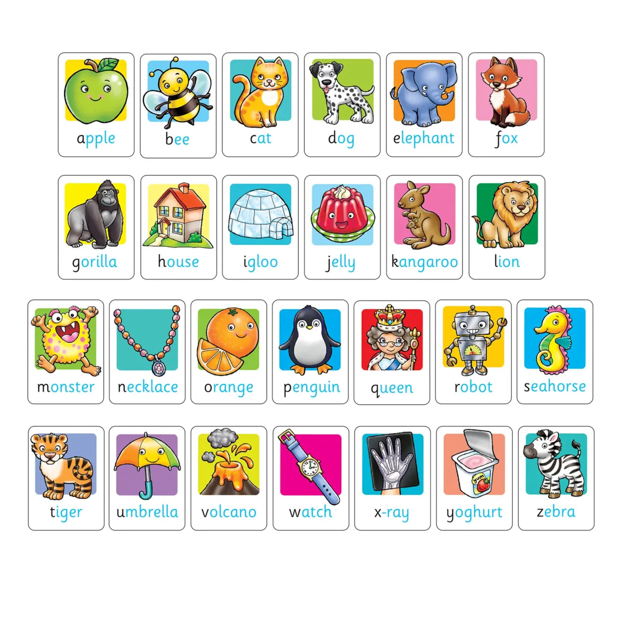 Set of educational flashcards with colorful illustrations and labels on a white background