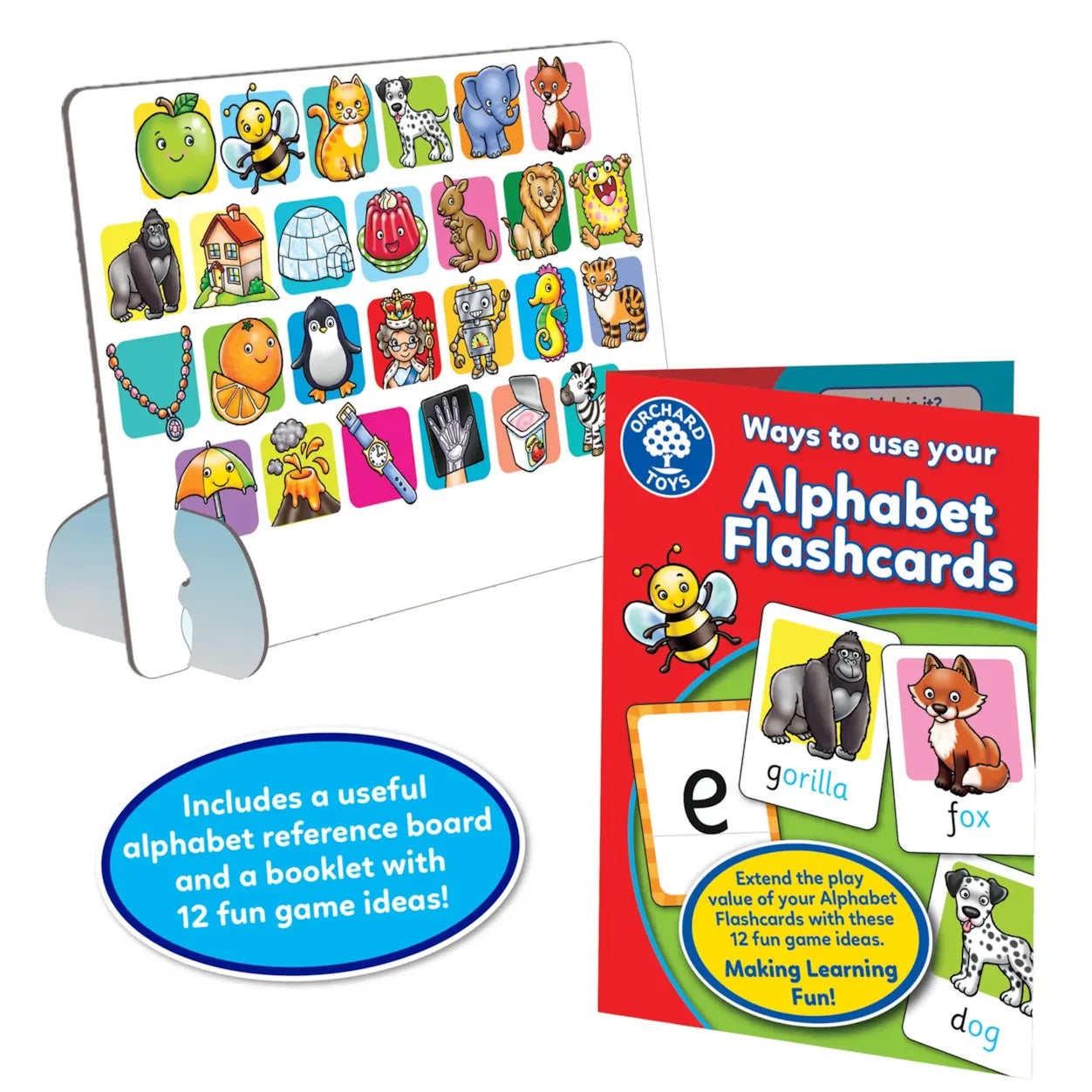Alphabet flashcards with a stand and a booklet on a white background