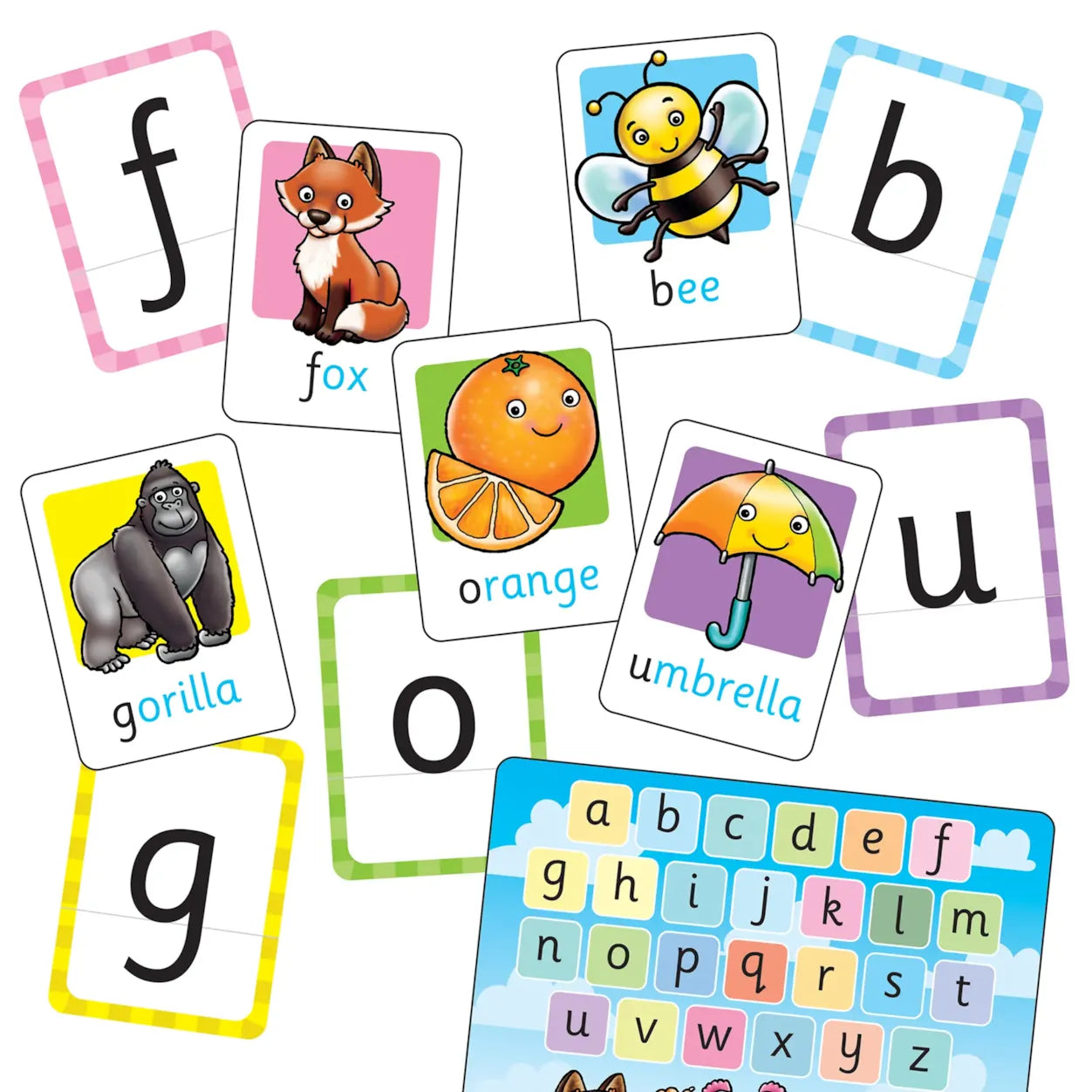 Educational flashcards with letters, animals, and objects on a white background