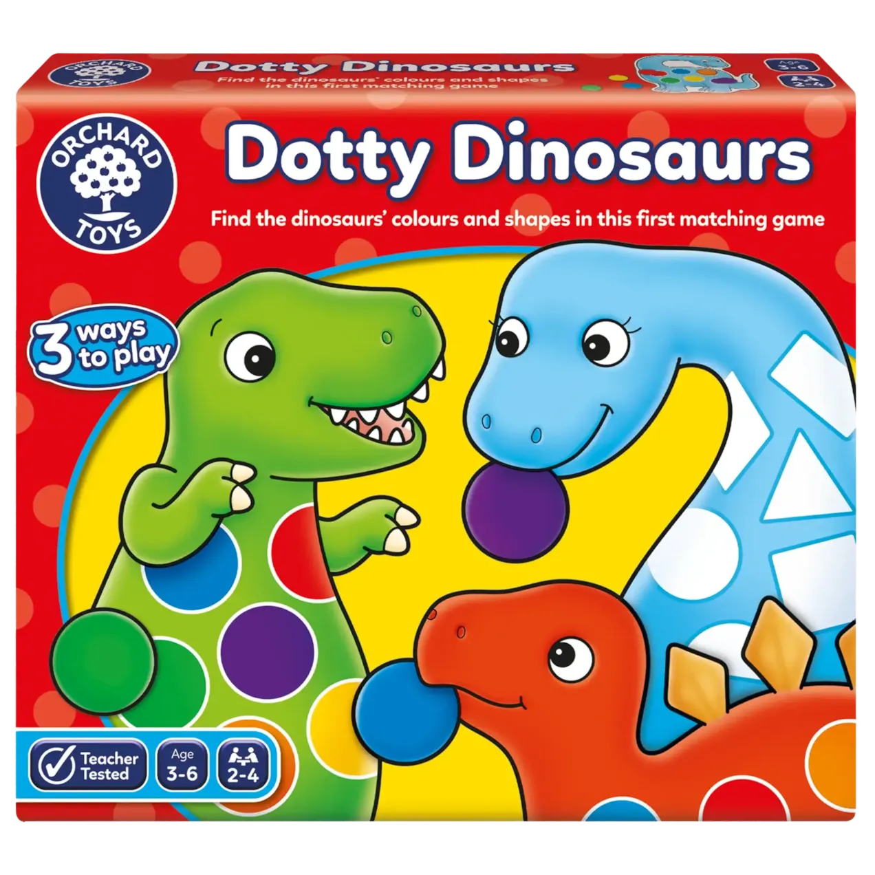 Box of Orchard Toys Dotty Dinosaurs educational game with colorful dinosaurs on a red background.