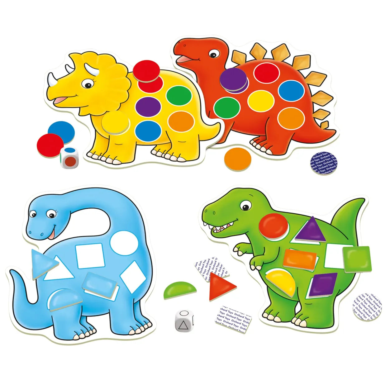 Colorful dinosaur-shaped educational toys with geometric shapes on a white background