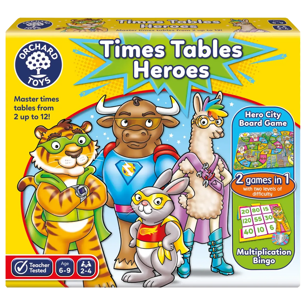 Times Tables Heroes board game box with colorful characters and text on a yellow background