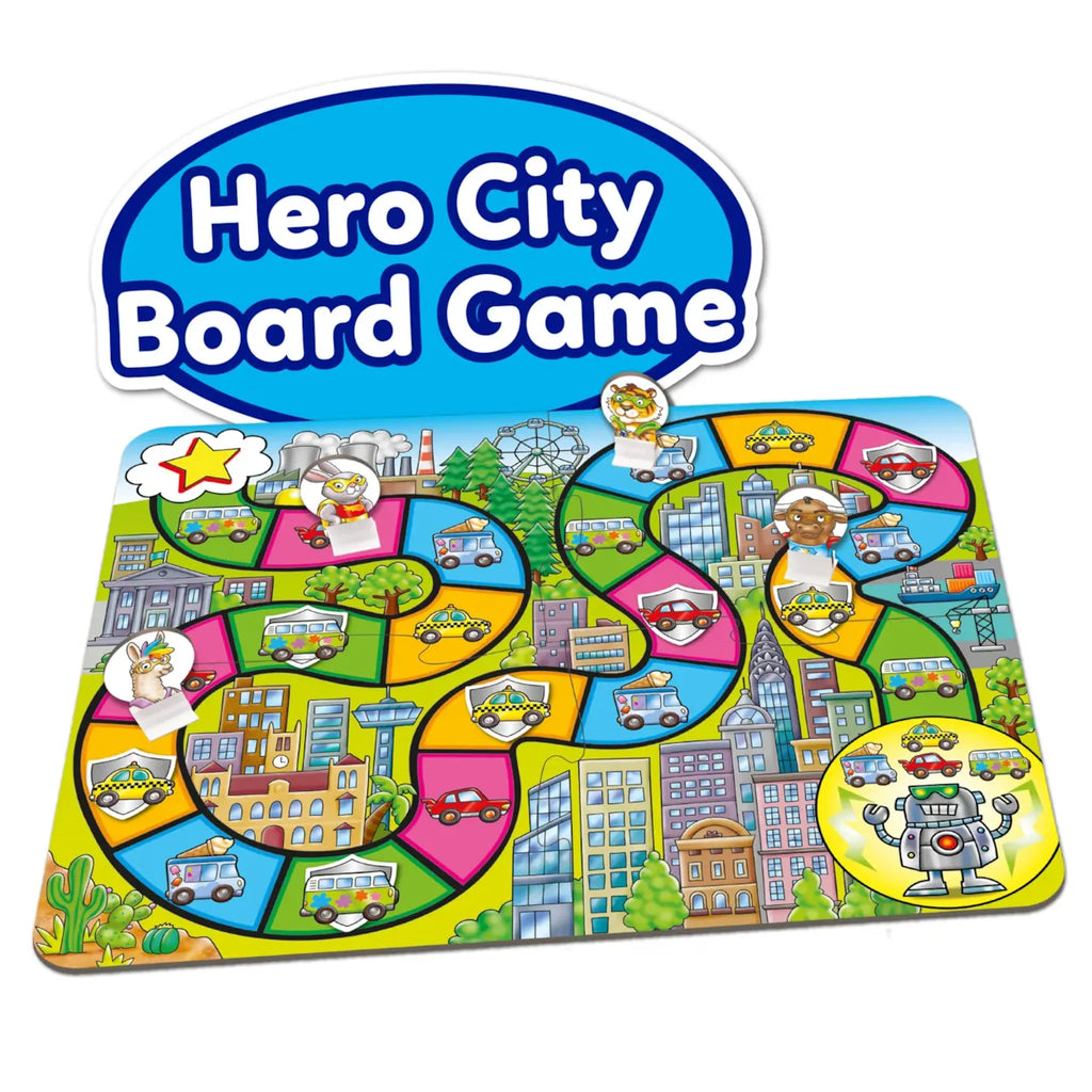 Hero City Board Game with colorful game board and characters on a white background