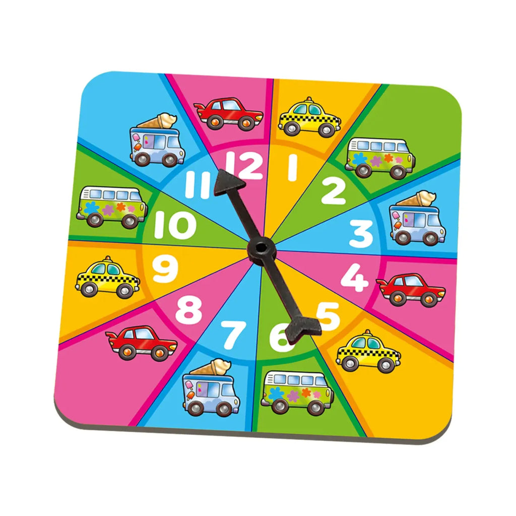 Colorful children's clock with vehicle illustrations on a white background