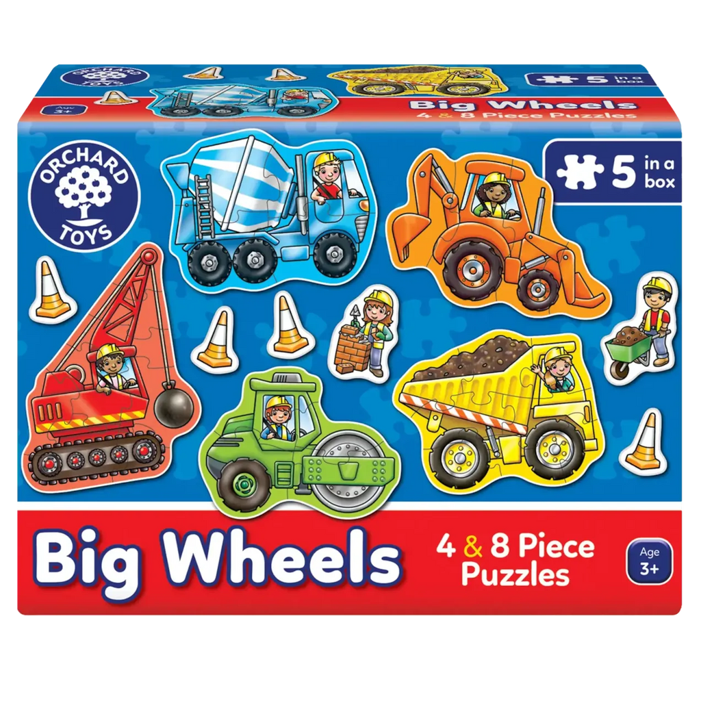 Box of Orchard Toys Big Wheels puzzles with construction vehicle illustrations.
