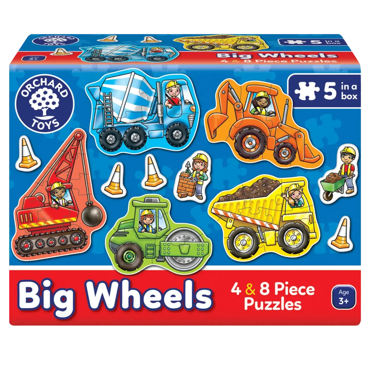 Box of Orchard Toys Big Wheels puzzles with construction vehicle illustrations.