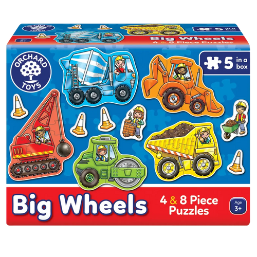 Box of Orchard Toys Big Wheels puzzles with construction vehicle illustrations.