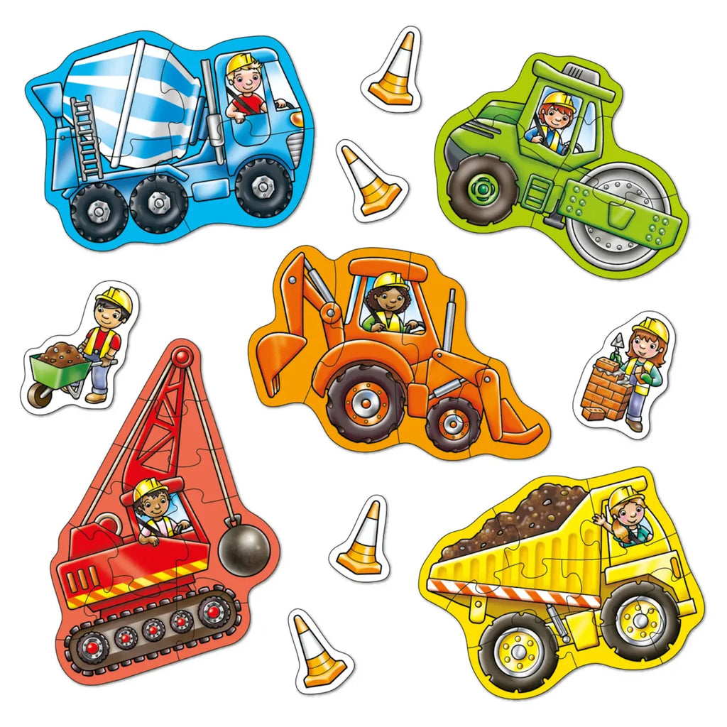 Set of colorful construction vehicle stickers with drivers on a white background