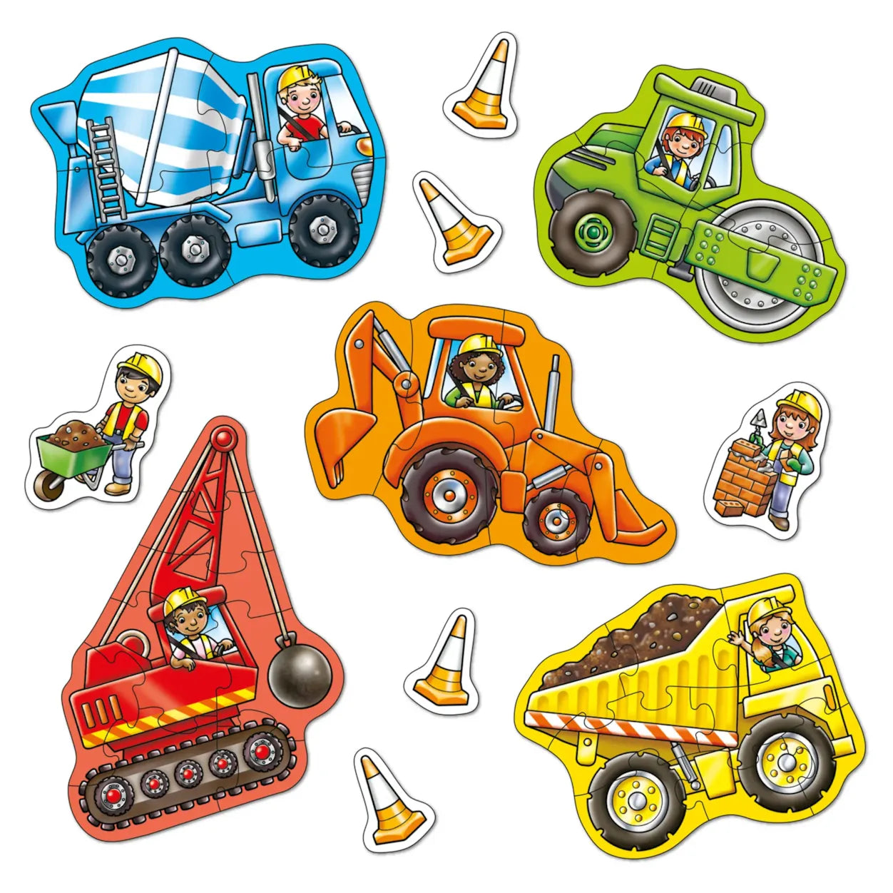 Set of colorful construction vehicle stickers with drivers on a white background