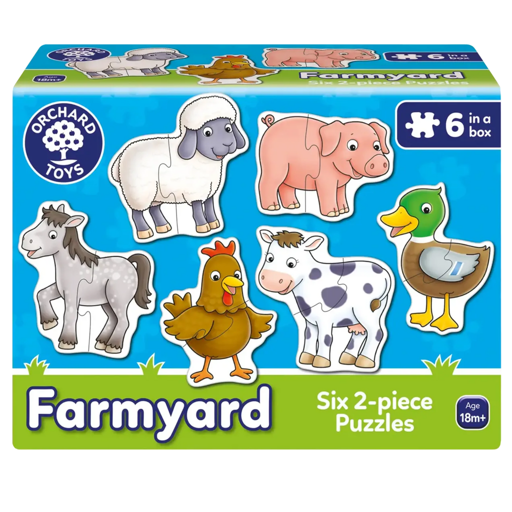 Box of Orchard Toys Farmyard puzzles with farm animal illustrations on a blue background