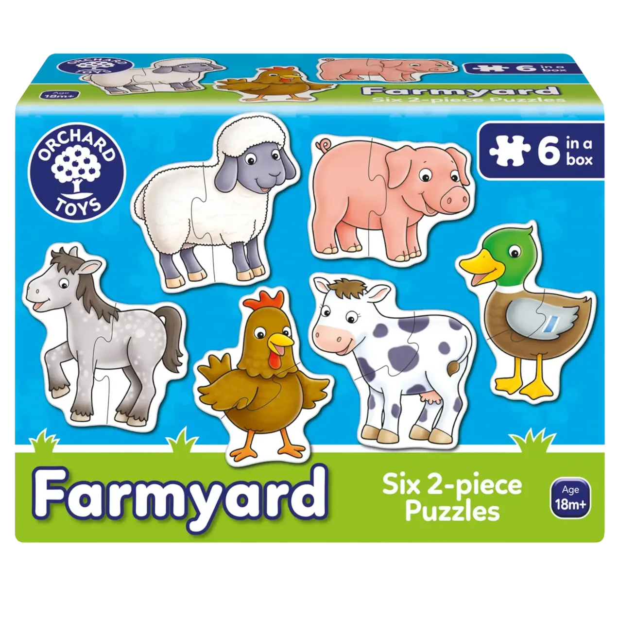 Box of Orchard Toys Farmyard puzzles with farm animal illustrations on a blue background