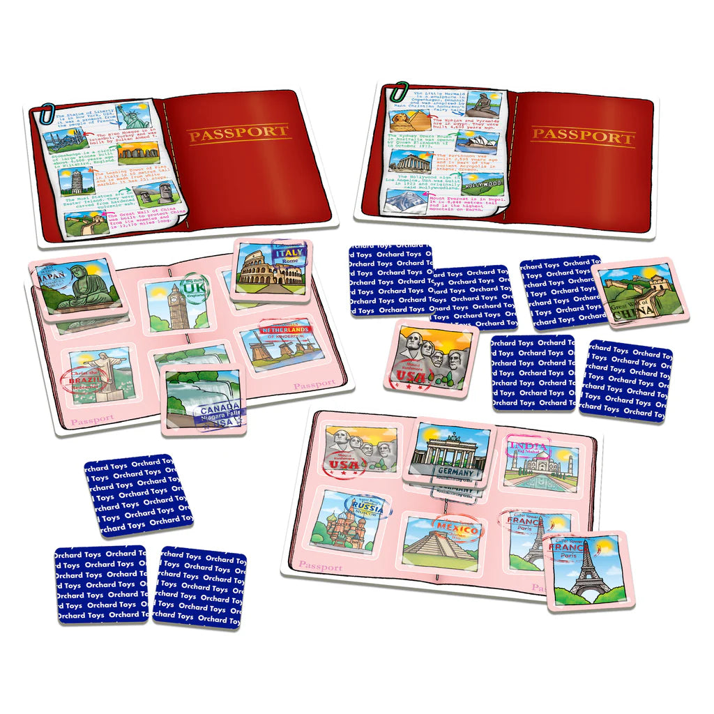 Educational travel-themed game set with passport and cards on a white background