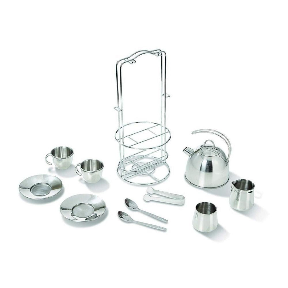 Stainless Steel Pretend Play Tea Set and Storage Rack