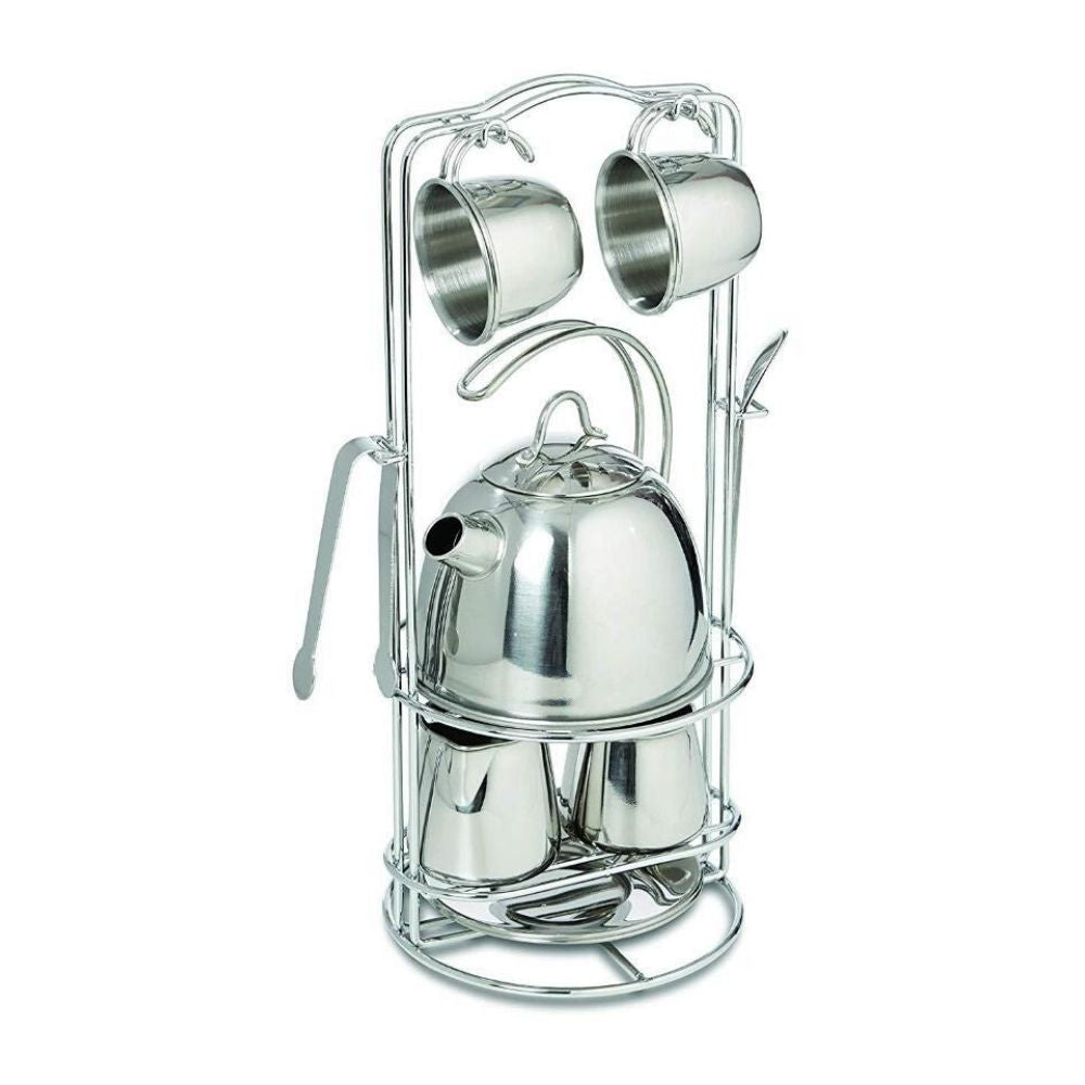 Stainless Steel Pretend Play Tea Set and Storage Rack