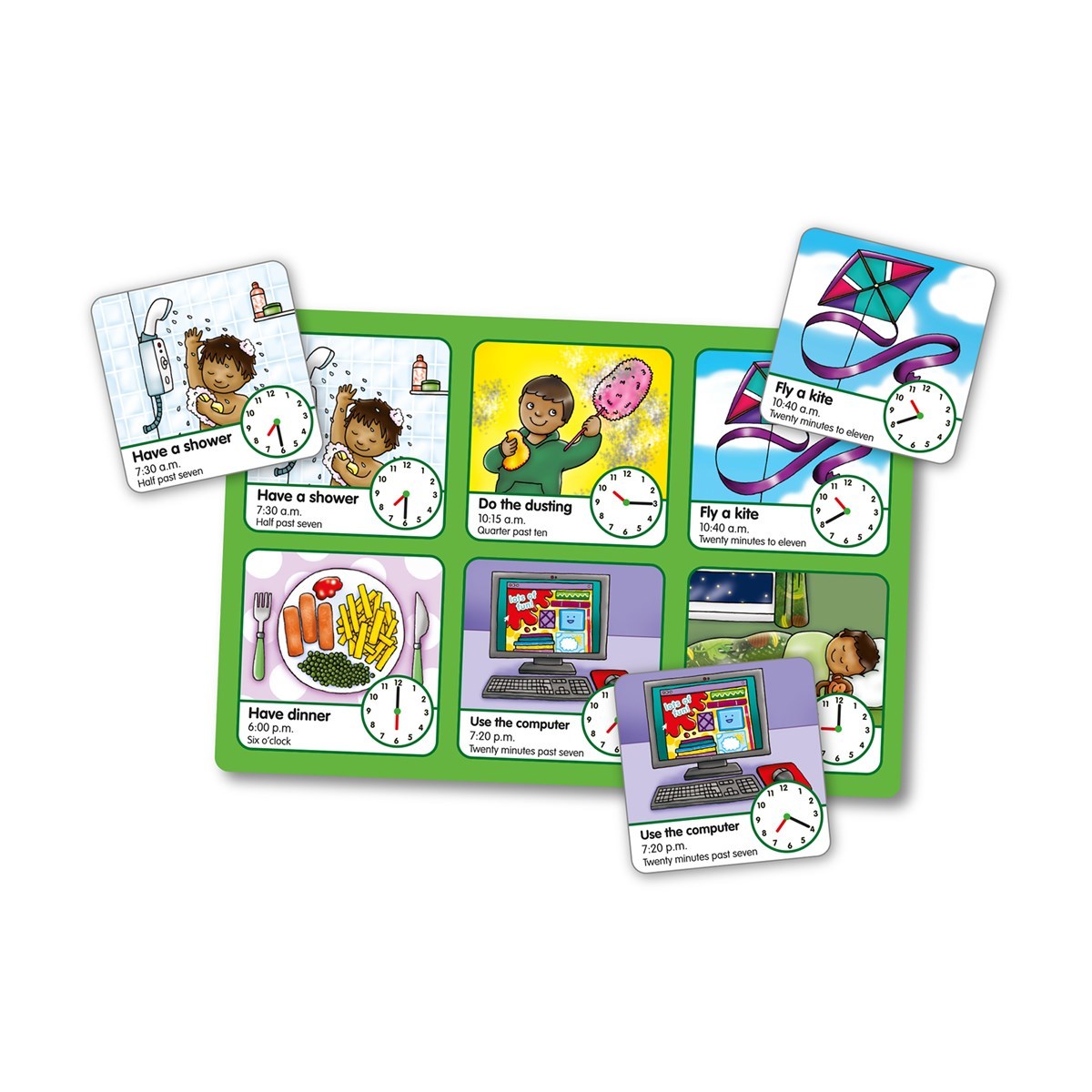 Educational time-telling cards with colorful illustrations and clock faces on a white background