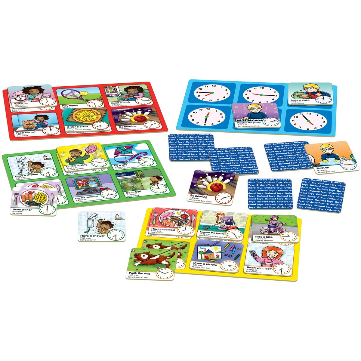 Educational game set with colorful cards and game pieces on a white background