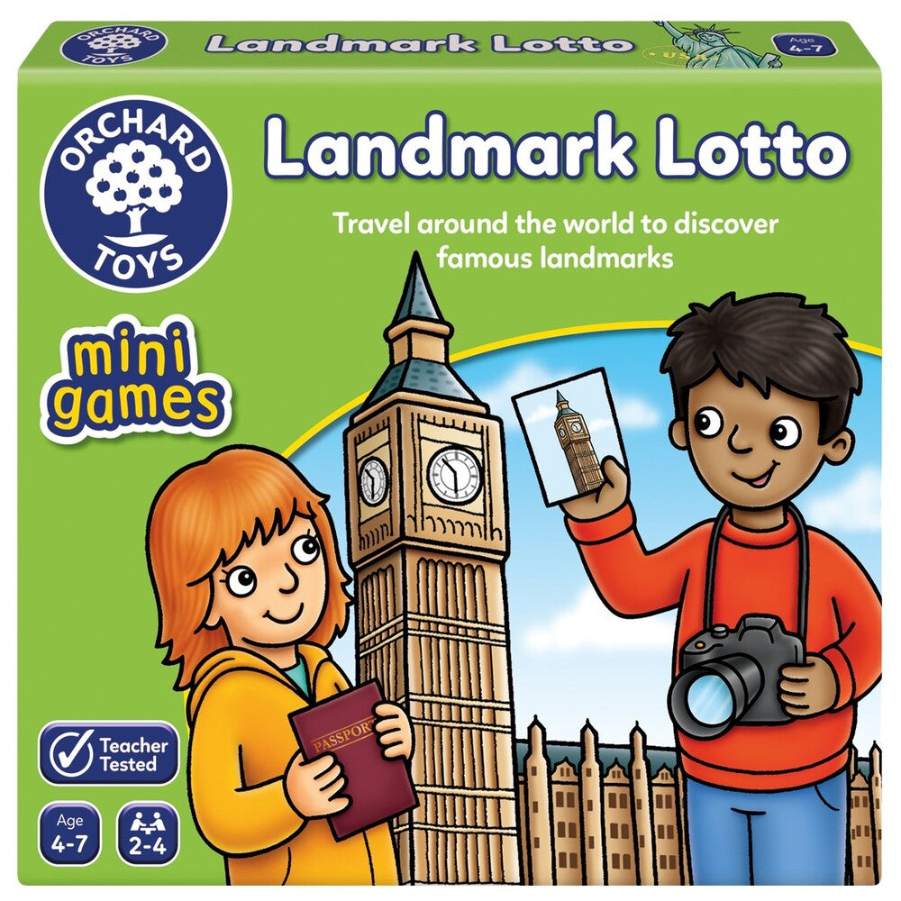 Orchard Toys Landmark Lotto game box with illustrations of children and landmarks.
