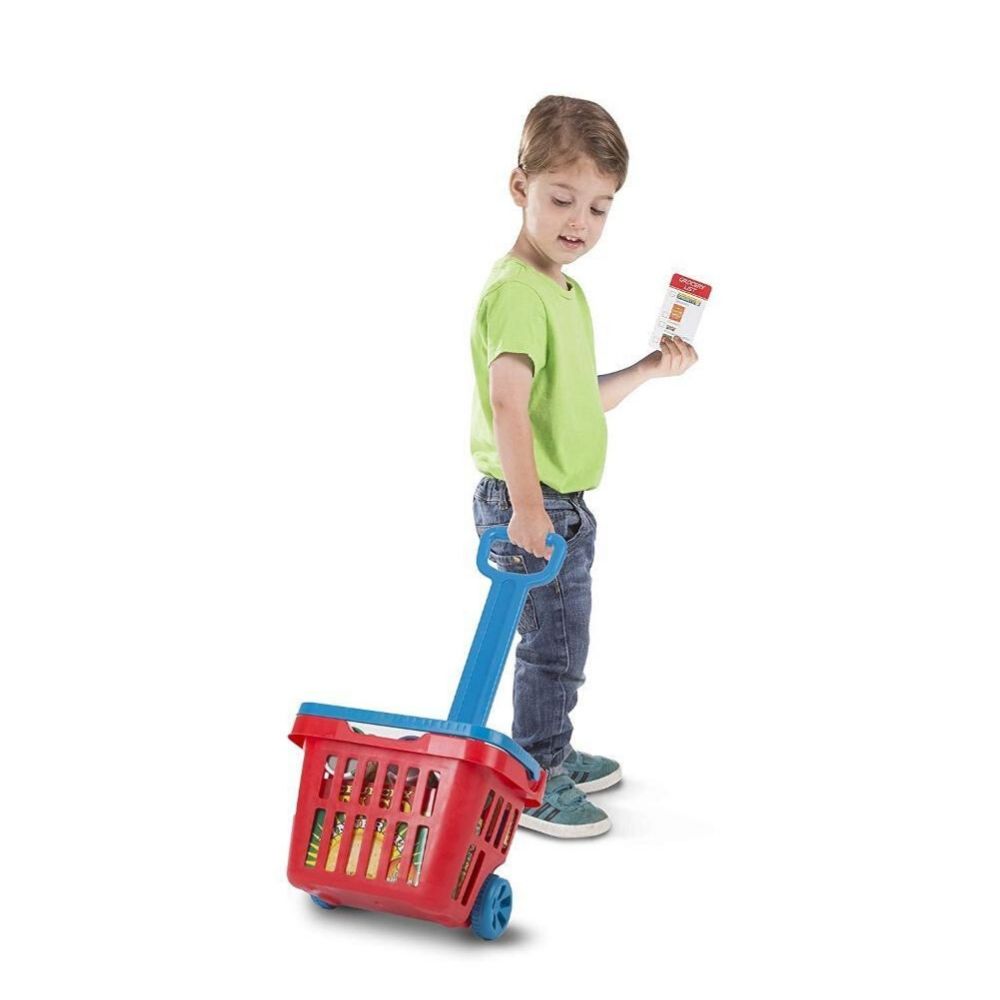 Fill and Roll Grocery Basket Set with Play Food Boxes and Cans