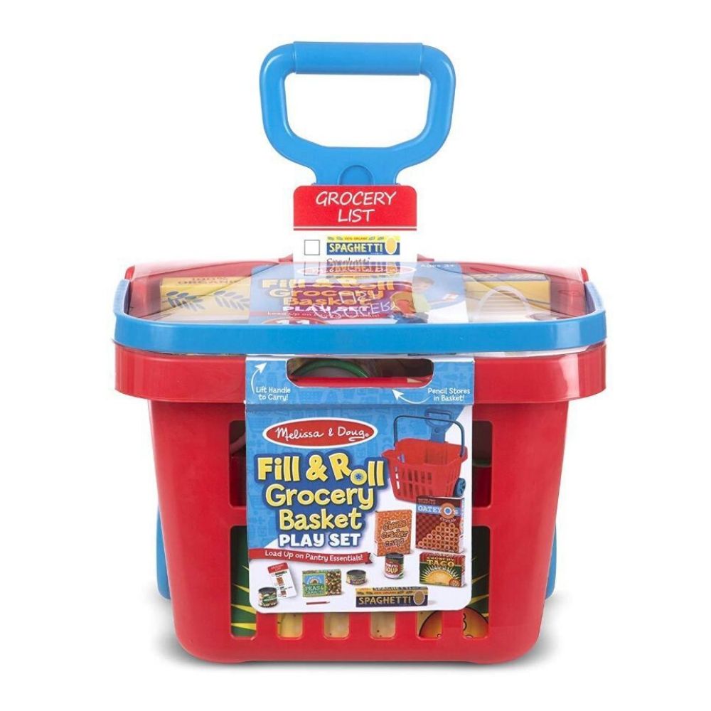 Fill and Roll Grocery Basket Set with Play Food Boxes and Cans