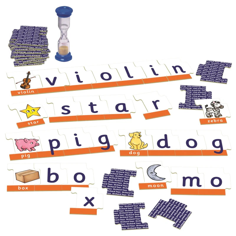 Educational word strip set with letters and illustrations on a white background