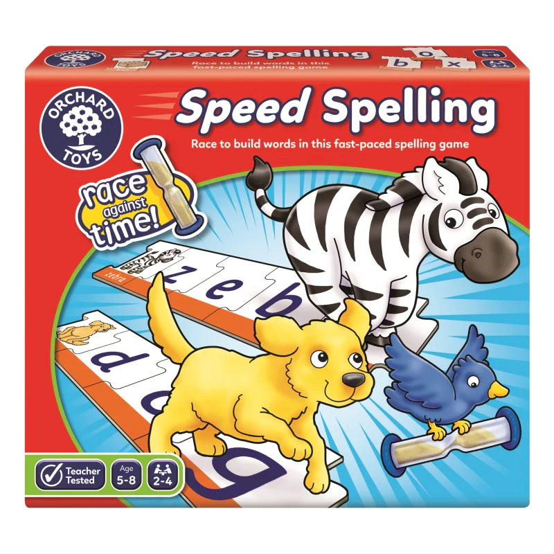 Speed Spelling game box with zebra, dog, and bird illustrations on a red background