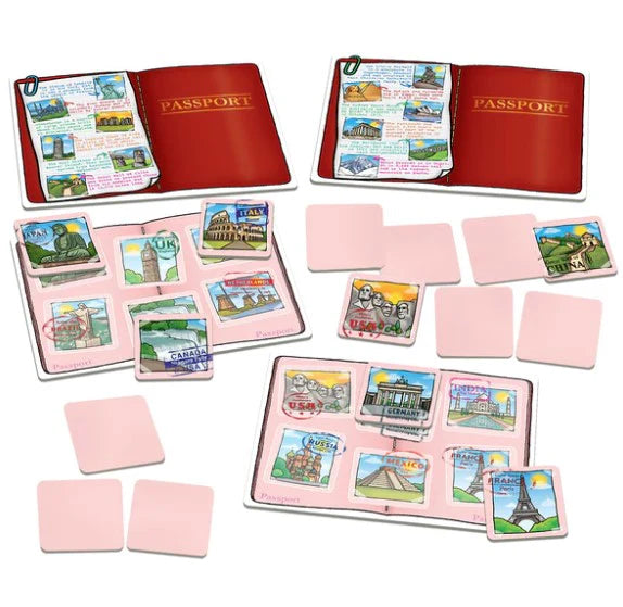 Travel-themed board game with passport and stamp designs on a white background