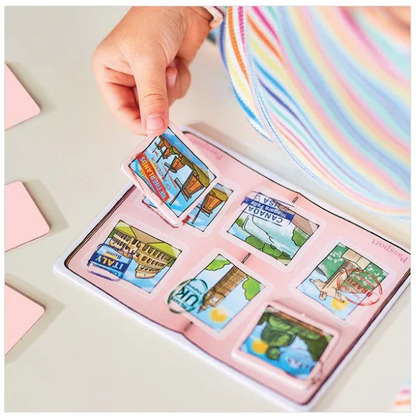 Children's educational puzzle with colorful cards on a light surface