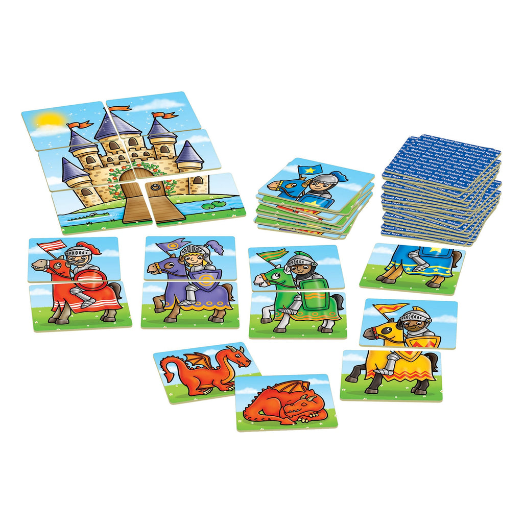 Set of children's educational cards with castles, knights, and dragons on a white background