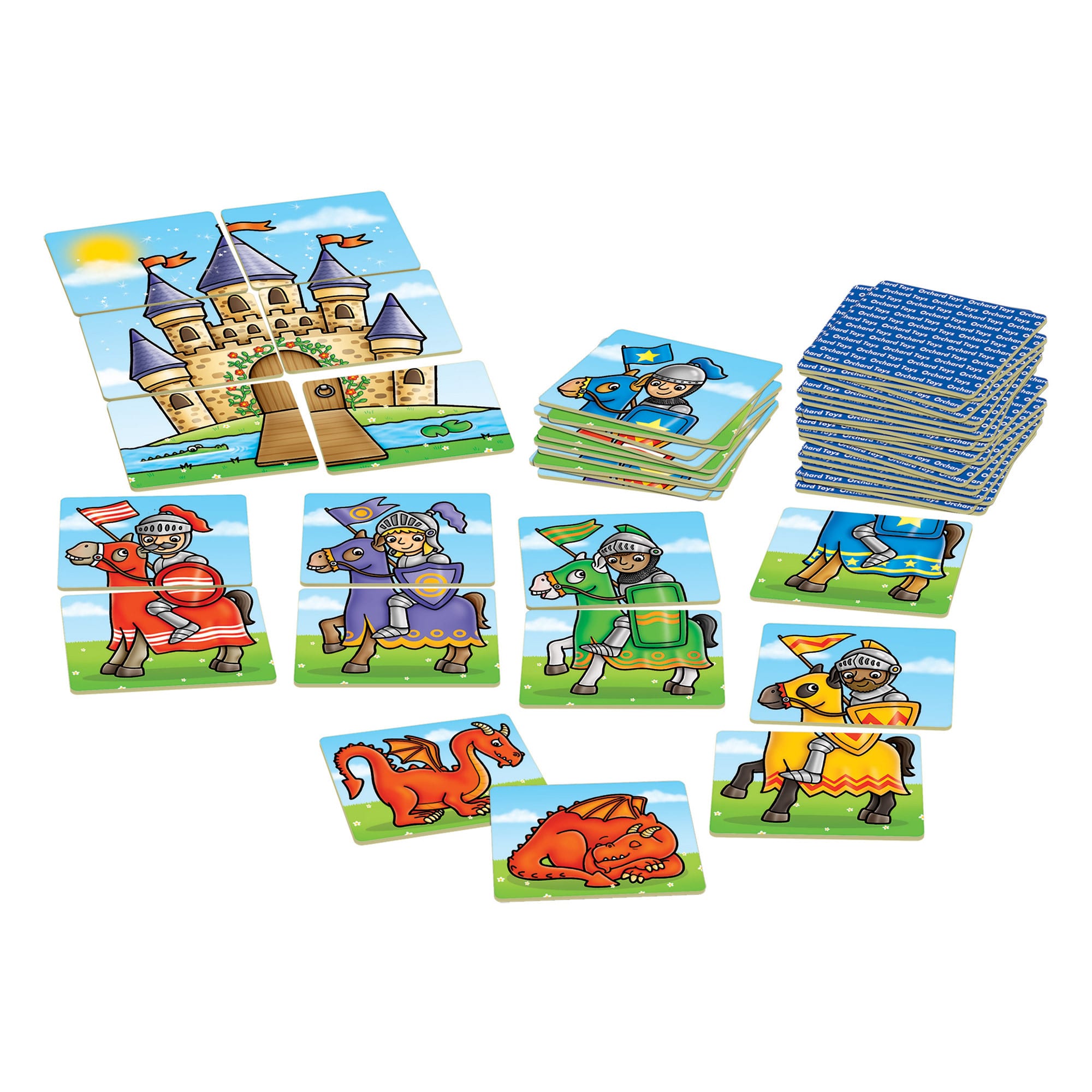 Set of children's educational cards with castles, knights, and dragons on a white background
