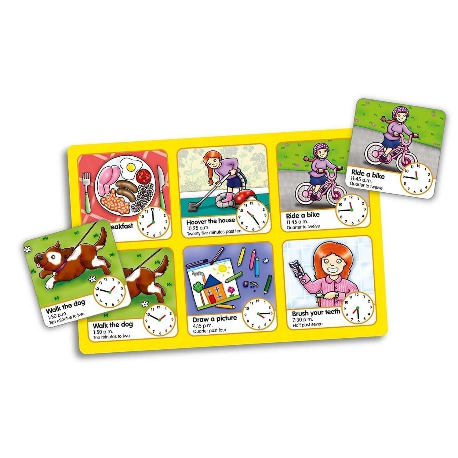 Educational children's cards with activities and time-related illustrations on a white background
