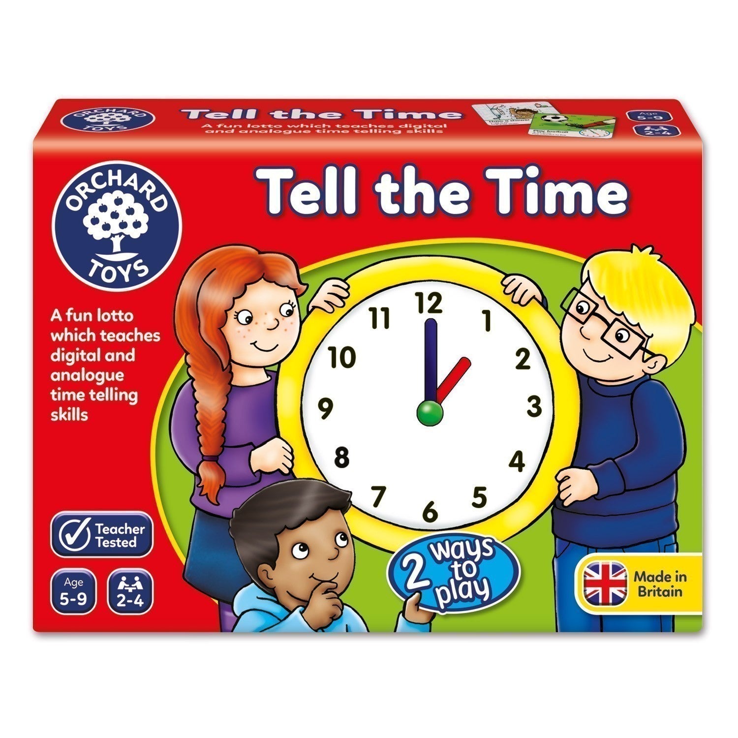 Orchard Toys 'Tell the Time' game box with cartoon children around a clock.